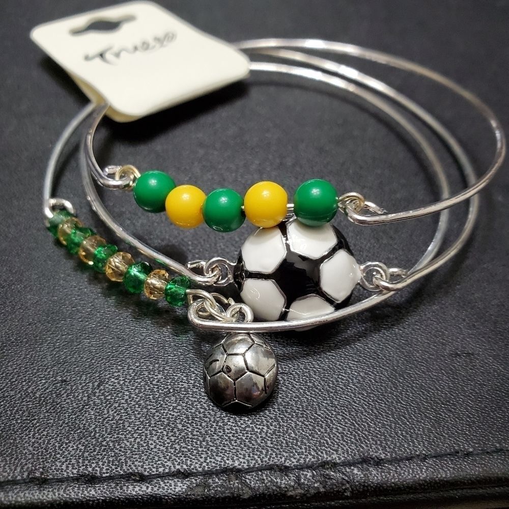 Child's silver tone soccer three piece bracelet 7" colorful